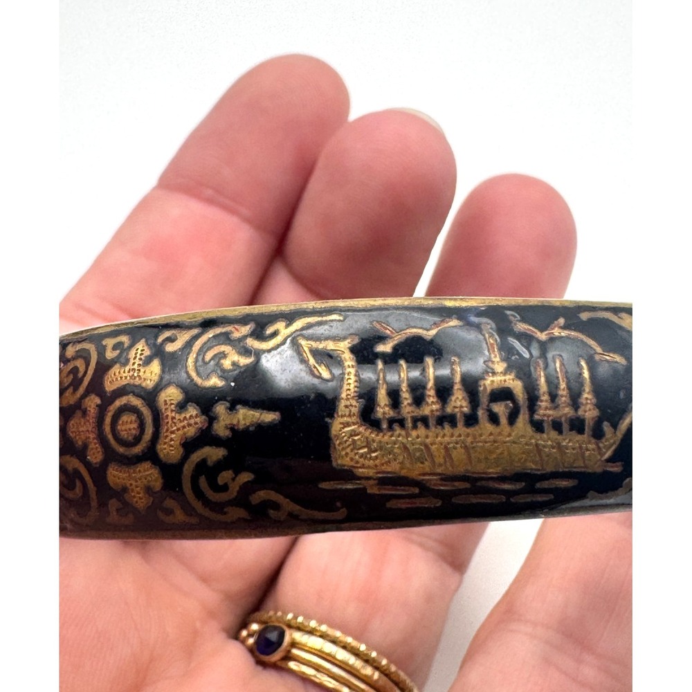 Vintage Siam Bracelet Sterling Silver Niello Enamel Bangle Longship Etched 7.25